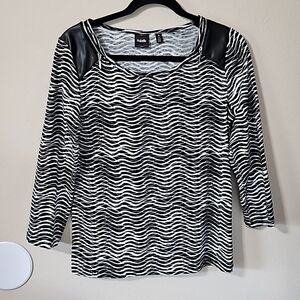 Rafaella Women's Striped Top with Faux Leather Accents & Zippers Size Med